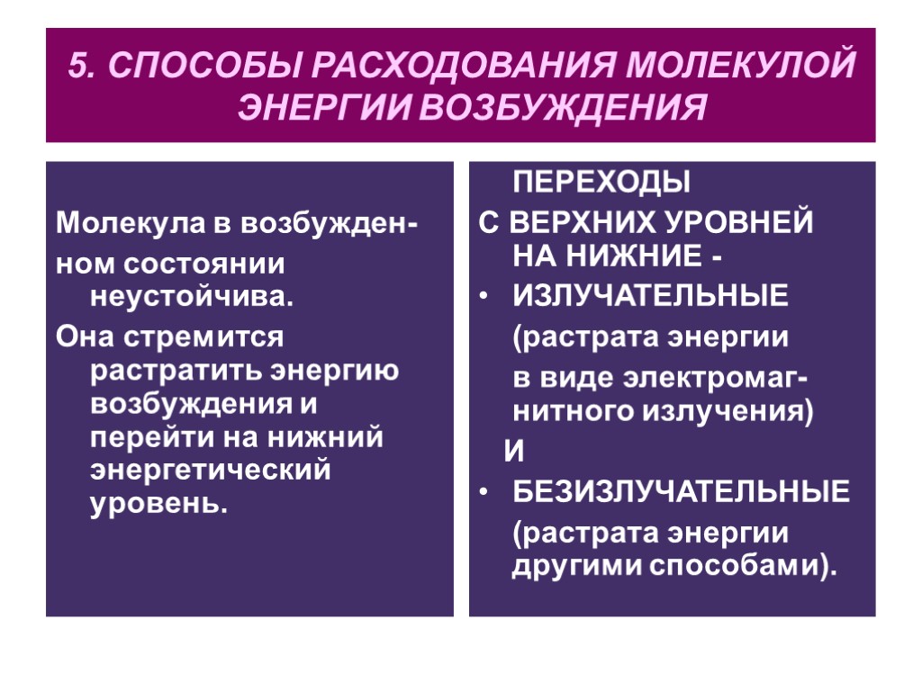 5. СПОСОБЫ РАСХОДОВАНИЯ МОЛЕКУЛОЙ ЭНЕРГИИ ВОЗБУЖДЕНИЯ Молекула в возбужден- ном состоянии неустойчива. Она стремится